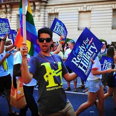 Me at DC Pride Parade 2014, advocating to encourage Hillary Clinton to run in the 2016 presidential election (spring 2014)